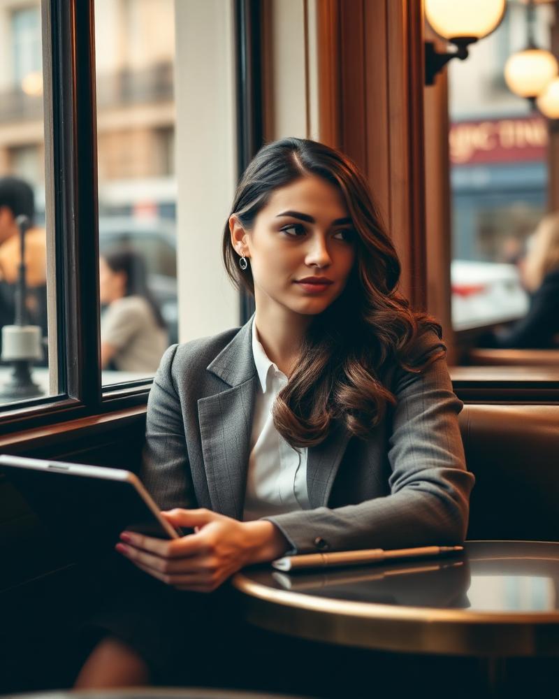 Aluna estudando francês em um café parisiense